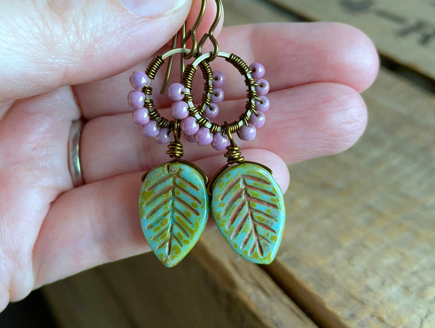 Earthy Turquoise Green Leaf Earrings - Wire Wrapped Czech Glass Hoops, Spring Inspired Jewellery