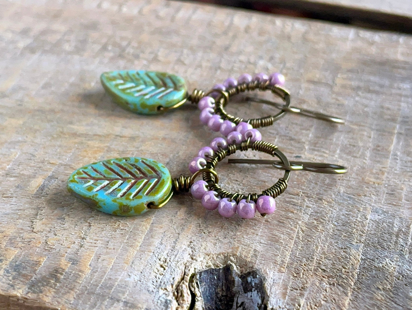 Earthy Turquoise Green Leaf Earrings - Wire Wrapped Czech Glass Hoops, Spring Inspired Jewellery