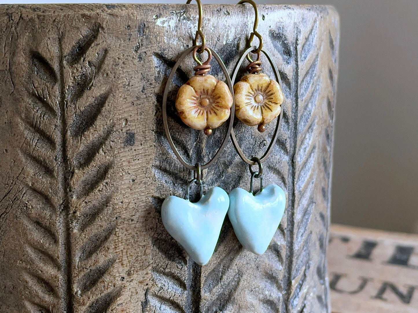 Handcrafted Blue Heart Earrings with Czech Glass Flowers β Artisan Ceramic Jewellery