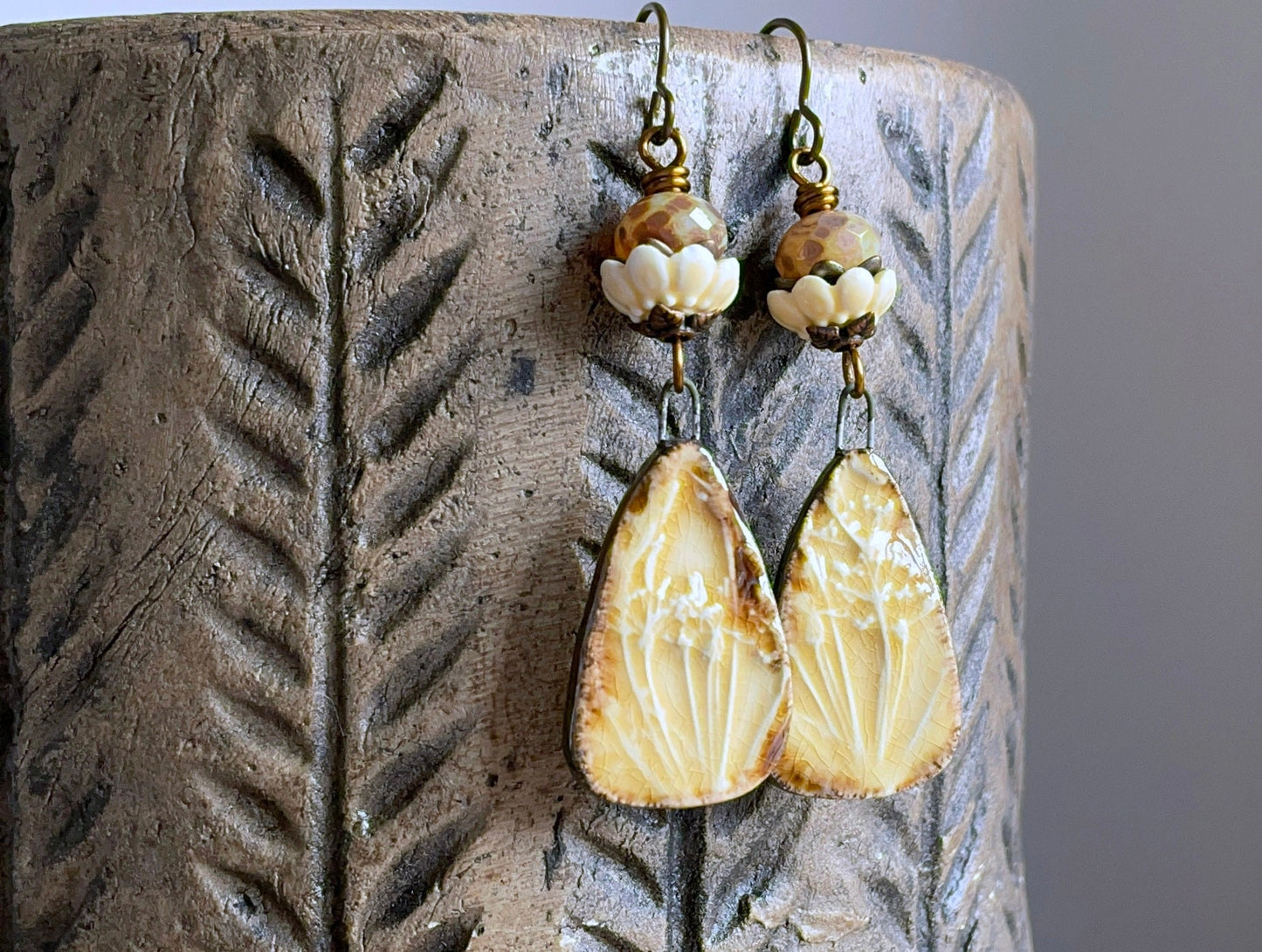 Handcrafted Cow Parsley Earrings in Honey Yellow Ceramic - Nature Inspired Jewelry Gift