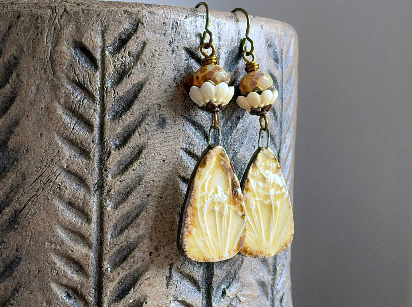 Handcrafted Cow Parsley Earrings in Honey Yellow Ceramic - Nature Inspired Jewelry Gift