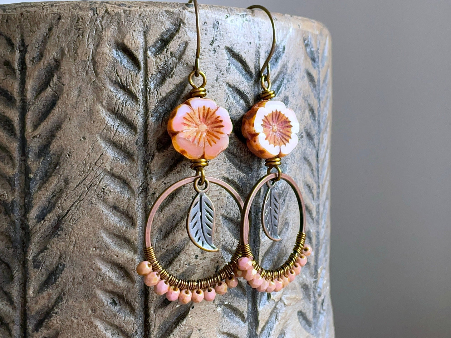 Bohemian Wire Wrapped Earrings. Coral Peach Czech Glass Flower Earrings. Summer Festival Jewellery