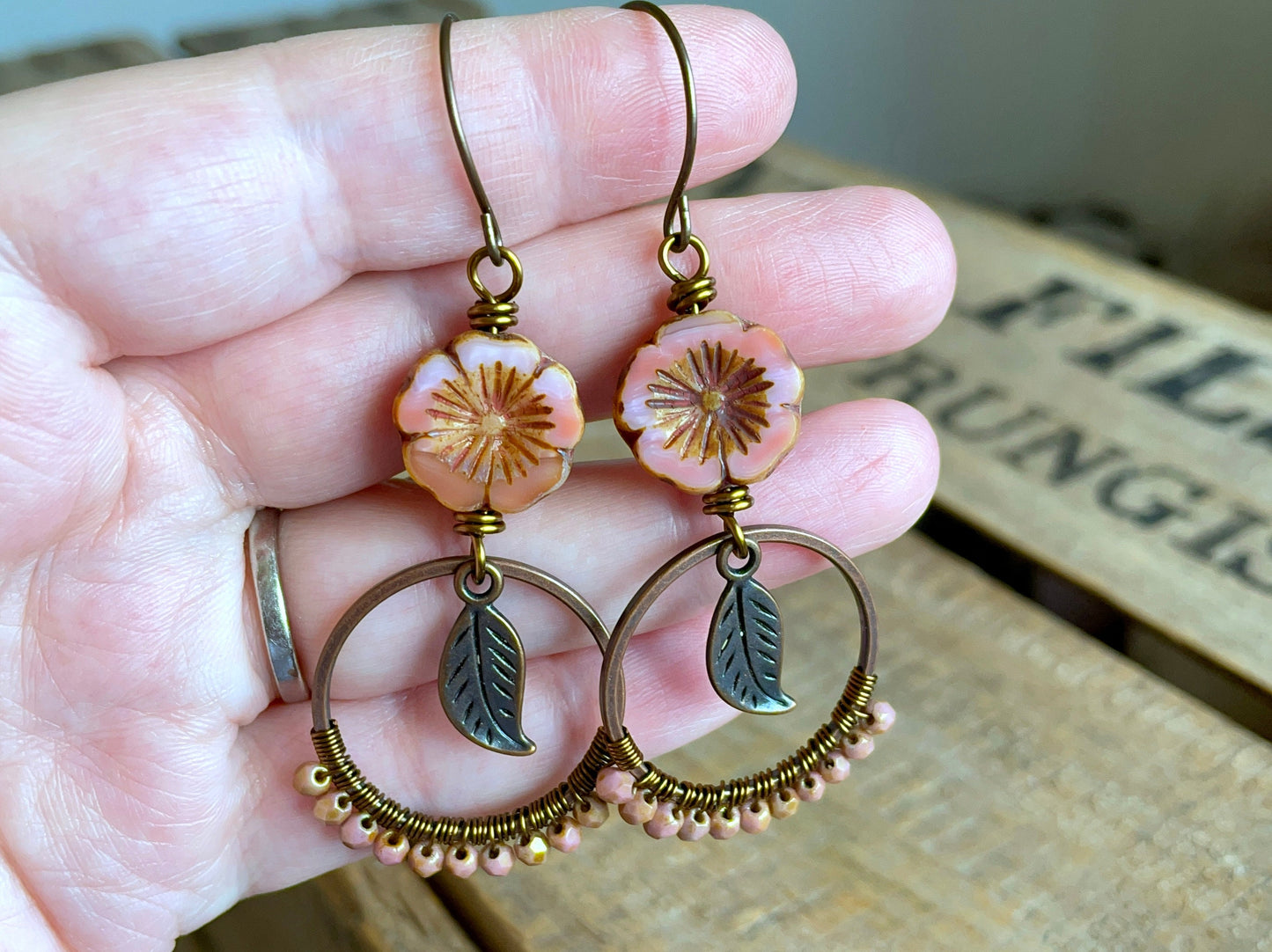 Bohemian Wire Wrapped Earrings. Coral Peach Czech Glass Flower Earrings. Summer Festival Jewellery