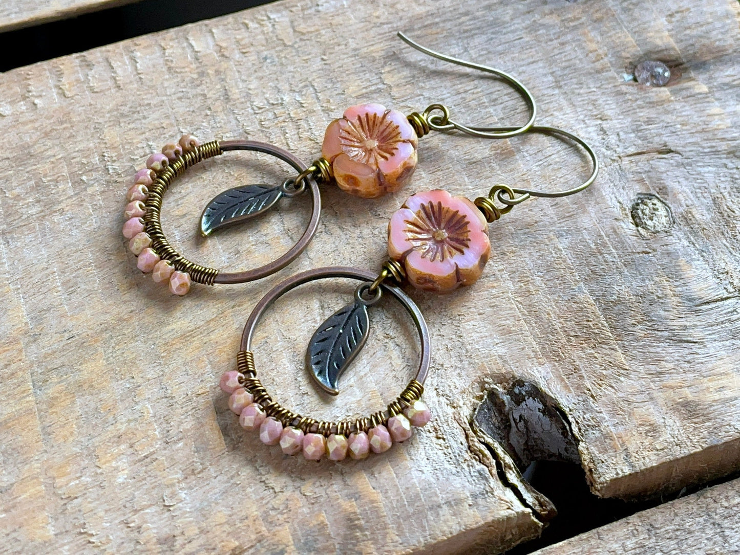 Bohemian Wire Wrapped Earrings. Coral Peach Czech Glass Flower Earrings. Summer Festival Jewellery
