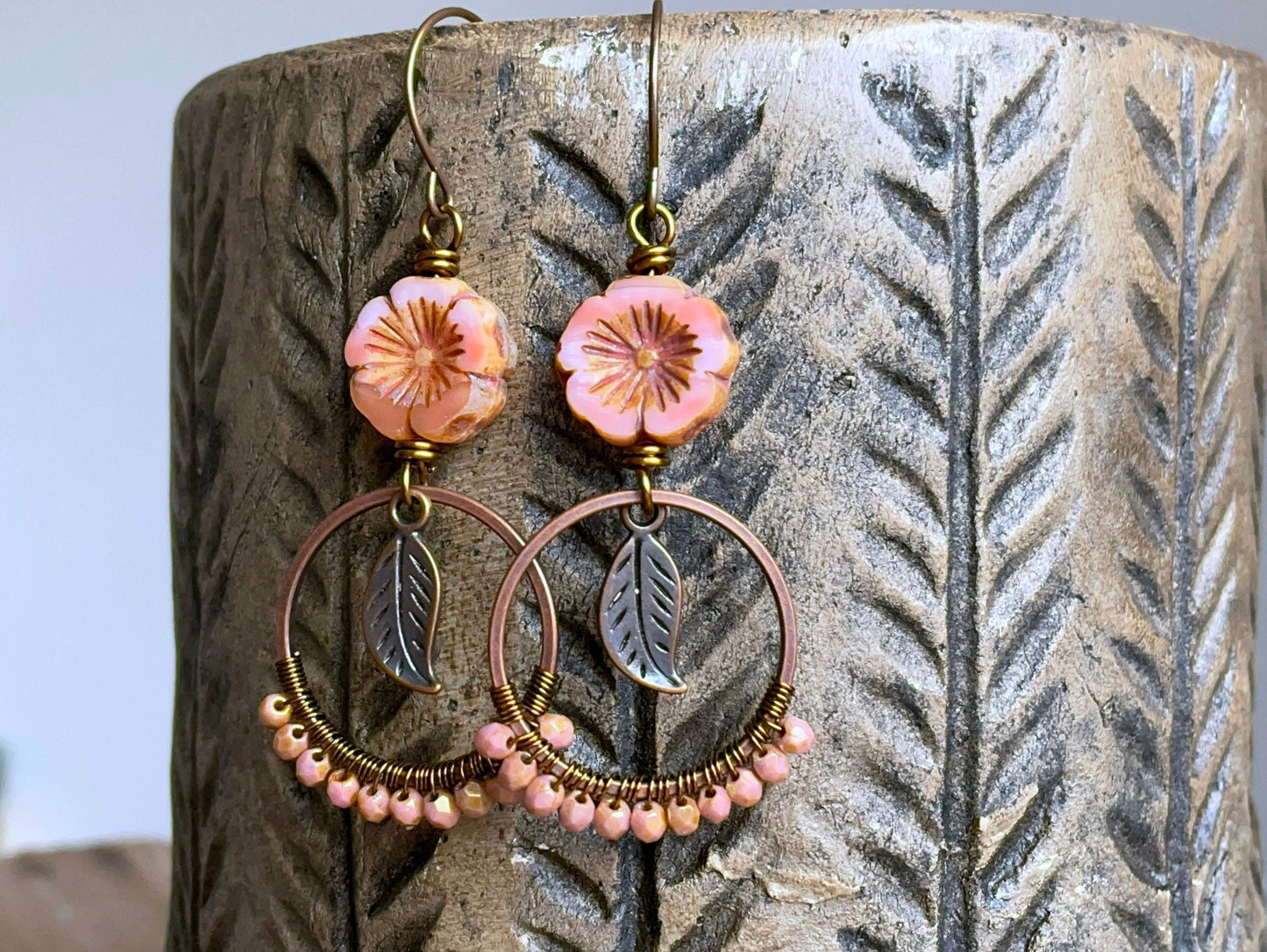 Bohemian Wire Wrapped Earrings. Coral Peach Czech Glass Flower Earrings. Summer Festival Jewellery