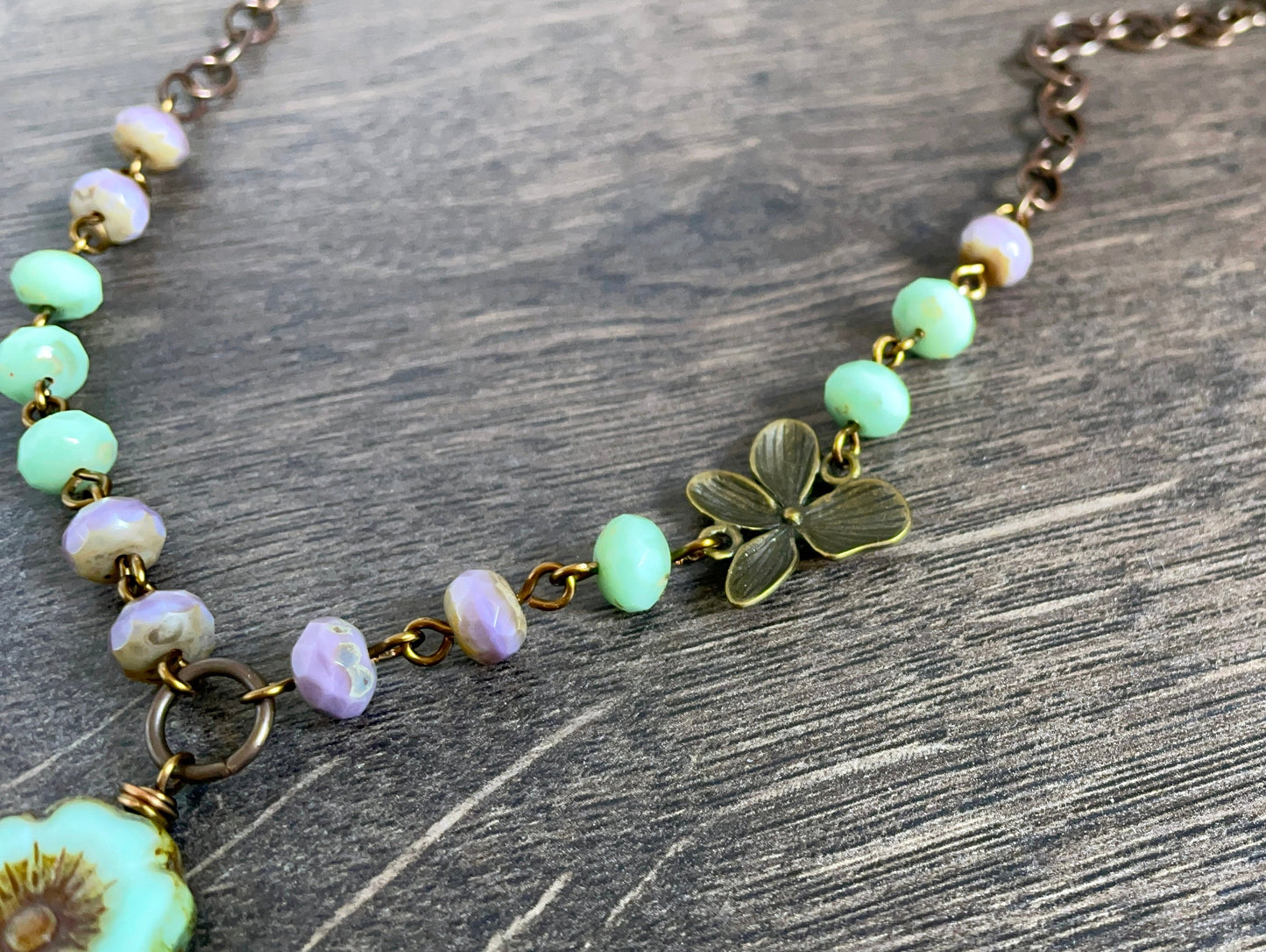 Czech Glass Flower Necklace. Lavender & Mint Green Floral Necklace. Bohemian Style Necklace. Whimsical, Nature Inspired Jewellery