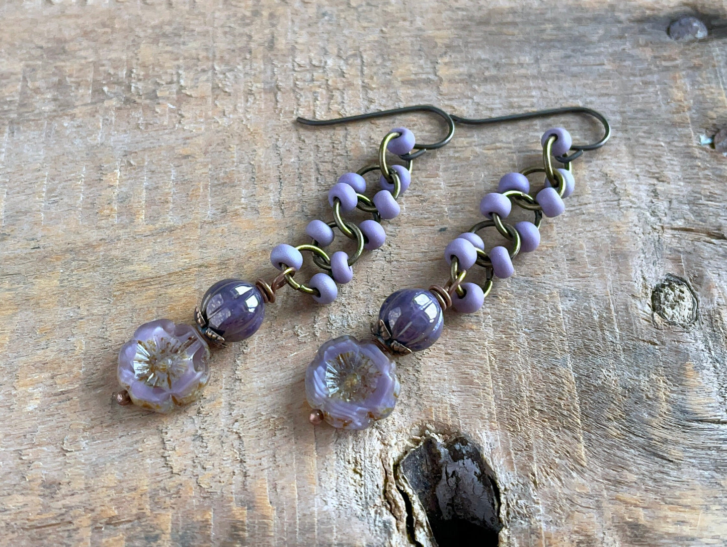 Lavender Purple Czech Glass Flower Earrings. Floral Earrings. Lightweight Chain Earrings. Simple Everyday Jewelry. Ready to Ship