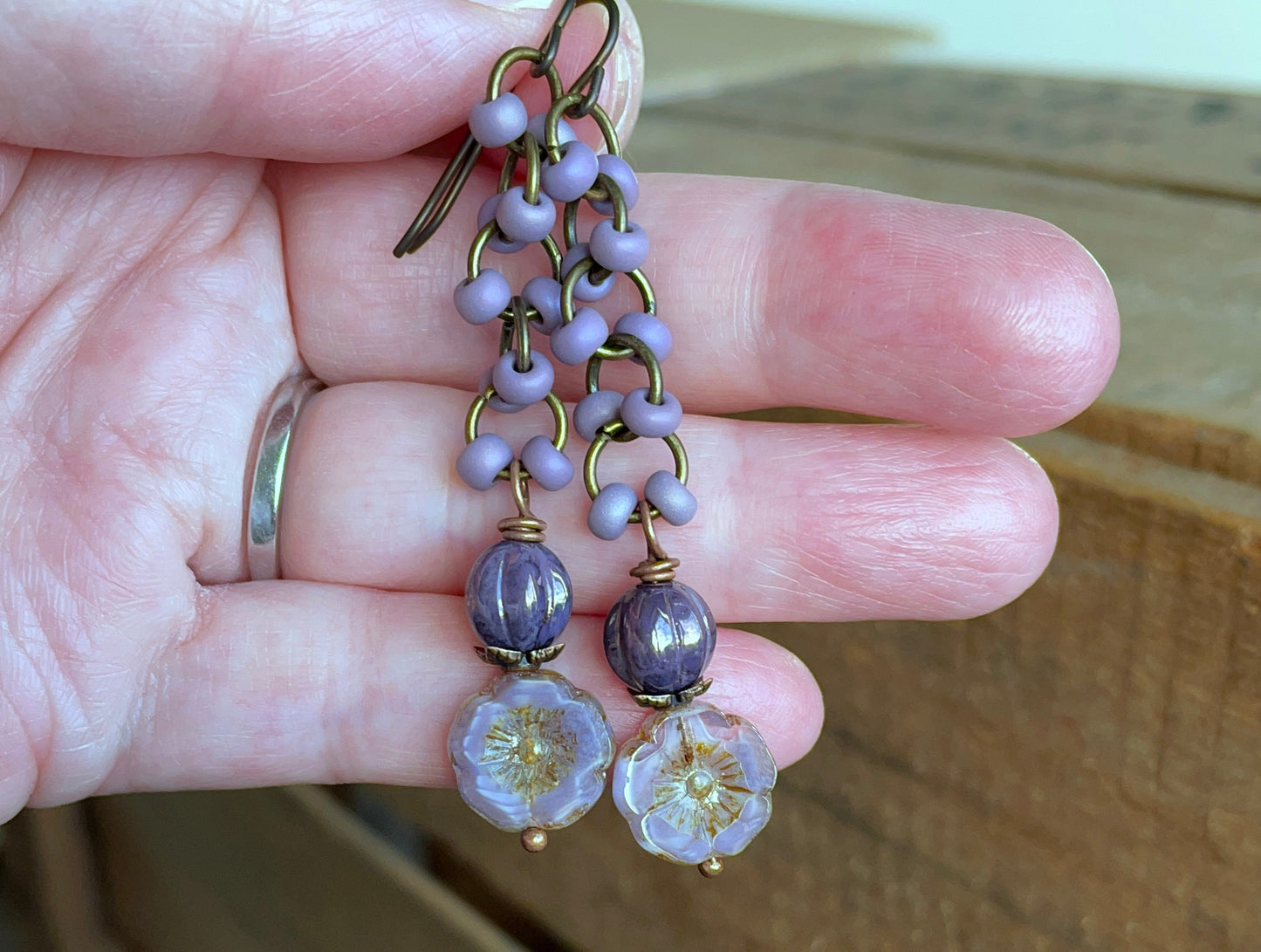 Lavender Purple Czech Glass Flower Earrings. Floral Earrings. Lightweight Chain Earrings. Simple Everyday Jewelry. Ready to Ship
