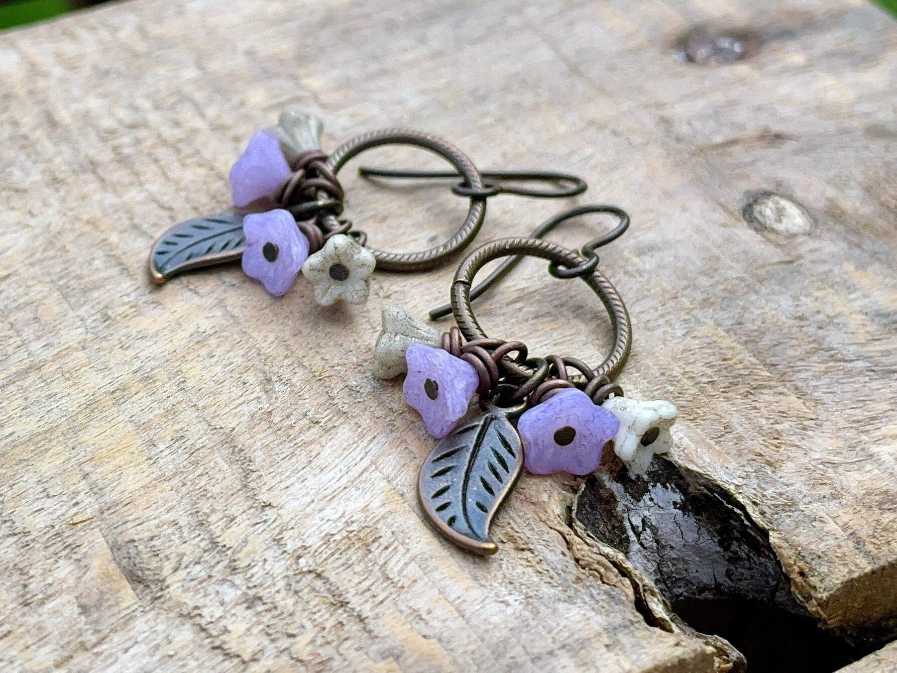 Floral Cluster Lilac Cream Czech Glass Flower Earrings