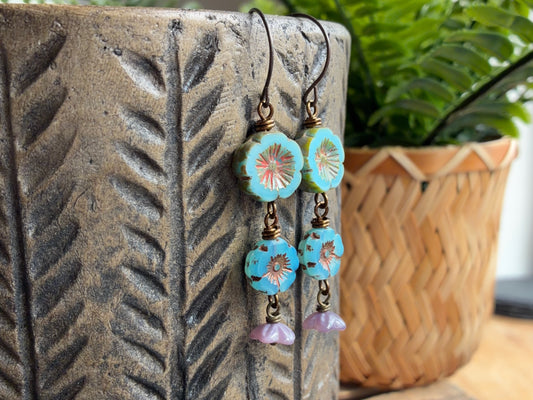 Turquoise, Blue and Lavender Czech Glass Cascading Flower Earrings | Nature Inspired Floral Jewellery