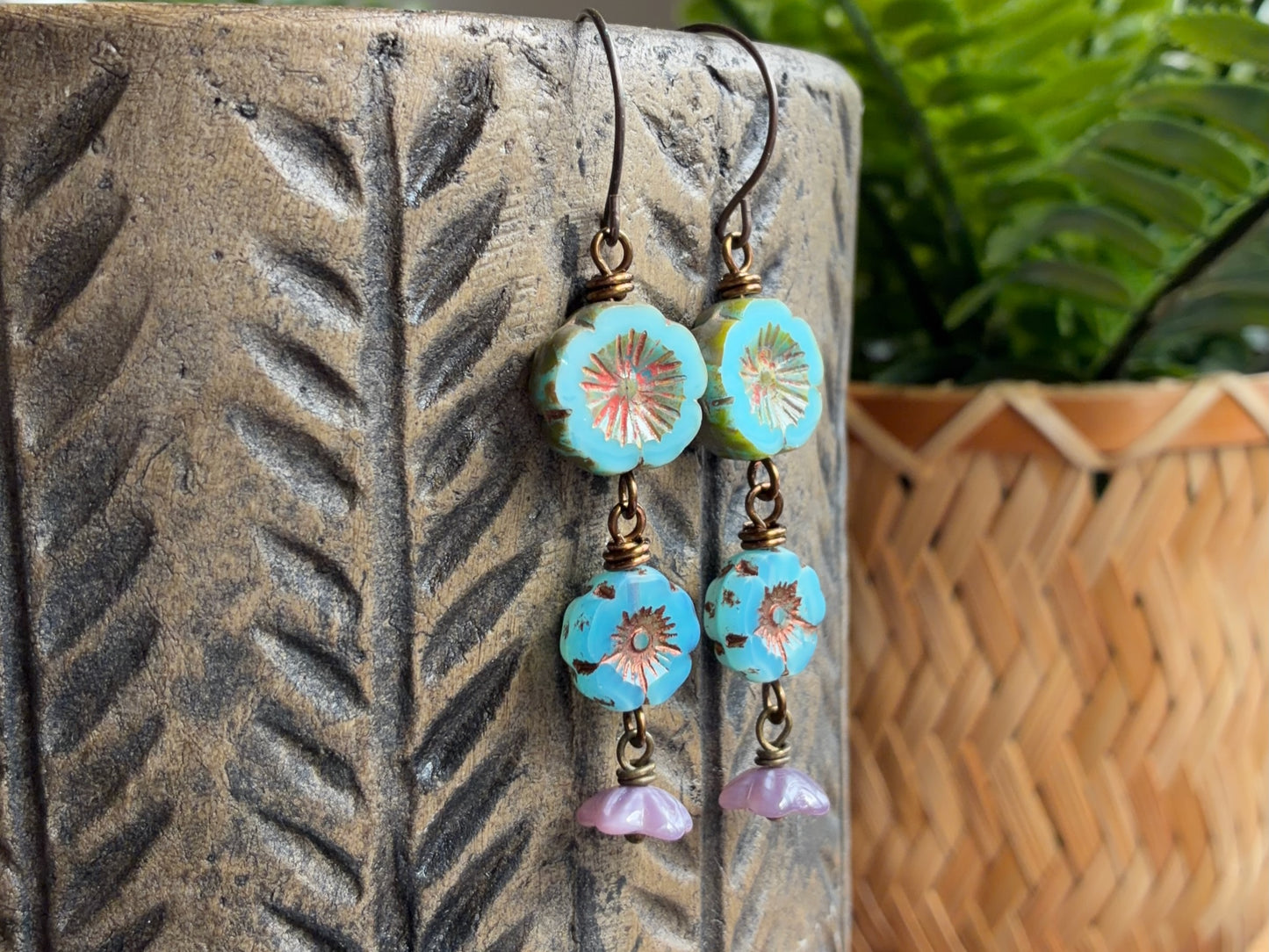 Turquoise, Blue and Lavender Czech Glass Cascading Flower Earrings | Nature Inspired Floral Jewellery