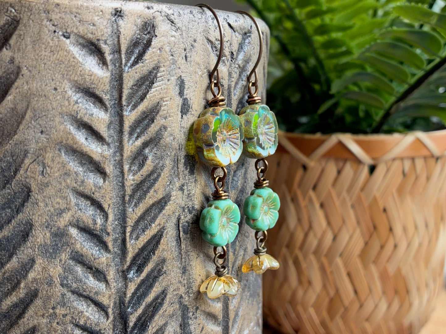 Spring Inspired Green & Yellow Czech Glass Cascading Flower Earrings | Rustic Nature Jewellery