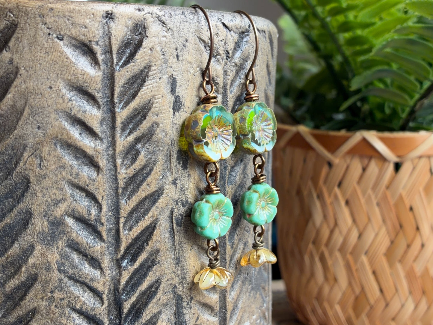 Spring Inspired Green & Yellow Czech Glass Cascading Flower Earrings | Rustic Nature Jewellery
