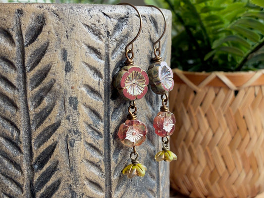 Cascading Czech Glass Flower Earrings in Burgundy, Pink & Green | Romantic Bohemian Style Earrings