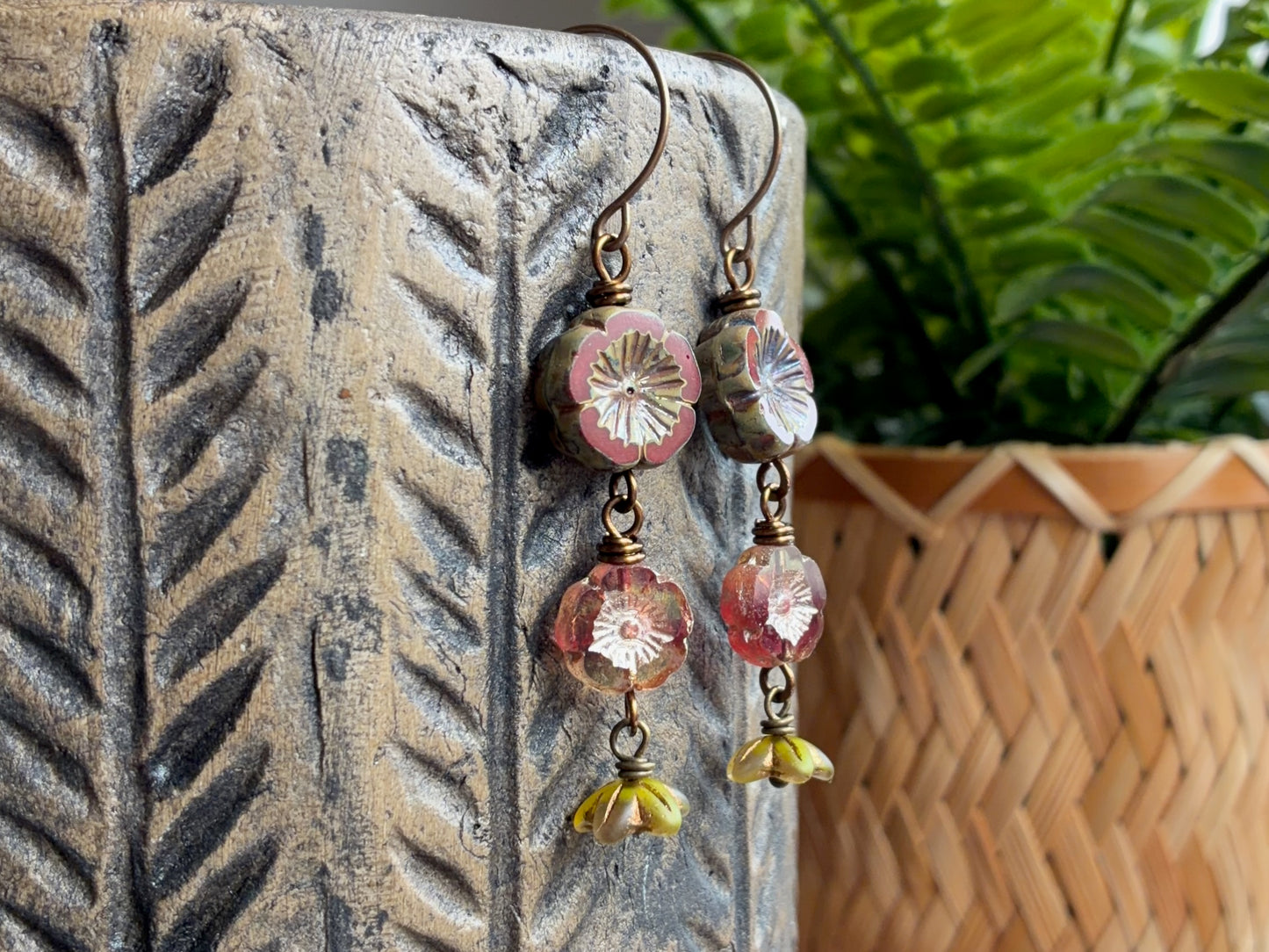 Cascading Czech Glass Flower Earrings in Burgundy, Pink & Green | Romantic Bohemian Style Earrings