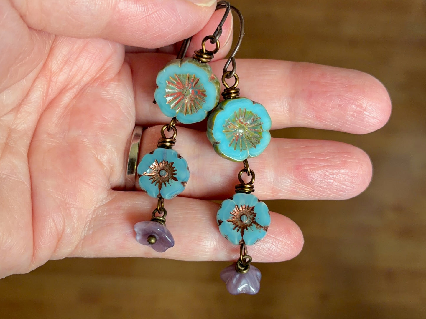 Turquoise, Blue and Lavender Czech Glass Cascading Flower Earrings | Nature Inspired Floral Jewellery