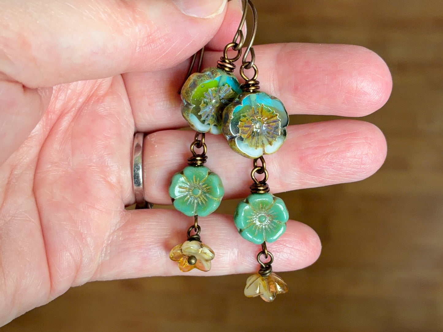 Spring Inspired Green & Yellow Czech Glass Cascading Flower Earrings | Rustic Nature Jewellery