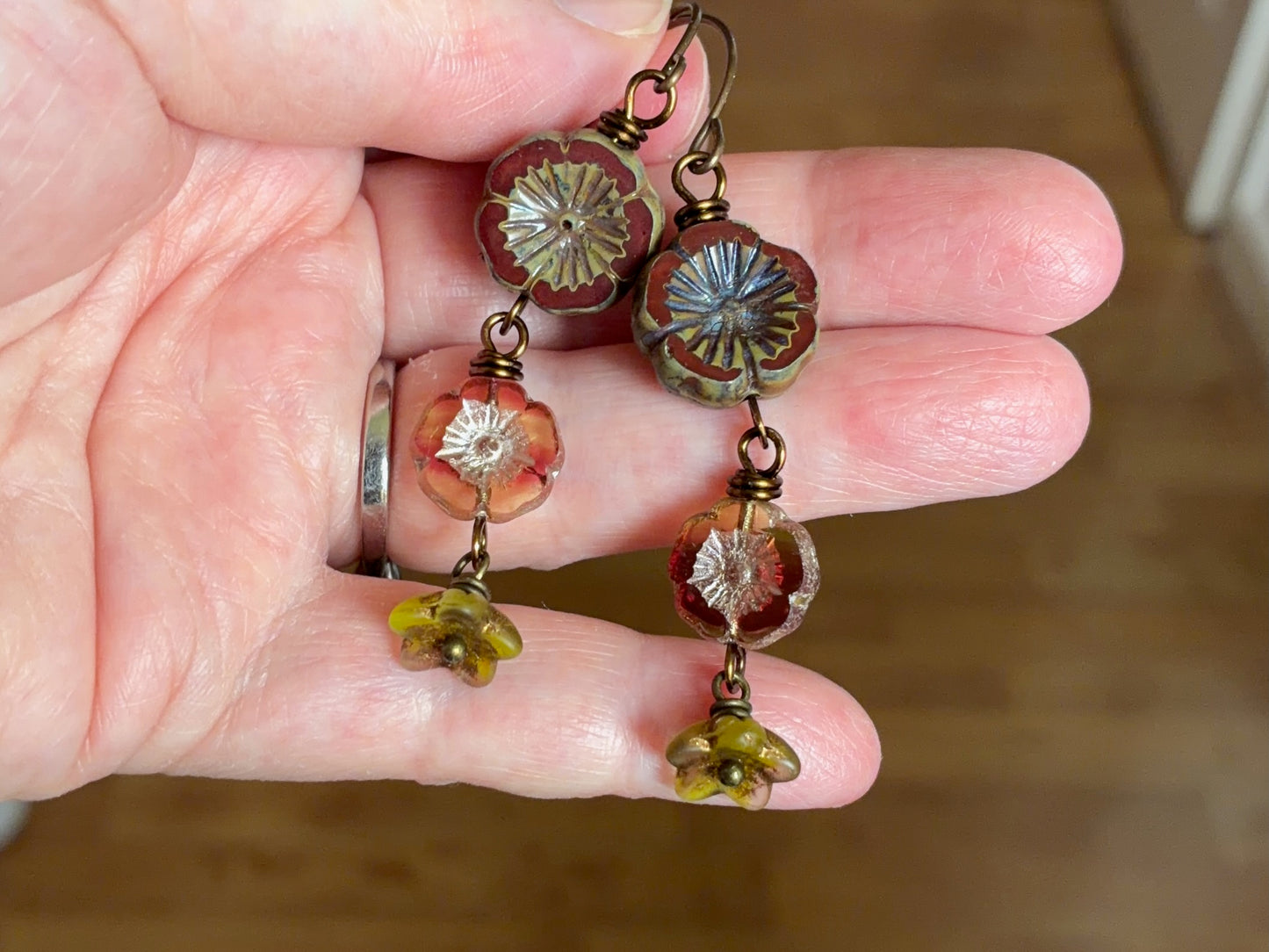 Cascading Czech Glass Flower Earrings in Burgundy, Pink & Green | Romantic Bohemian Style Earrings
