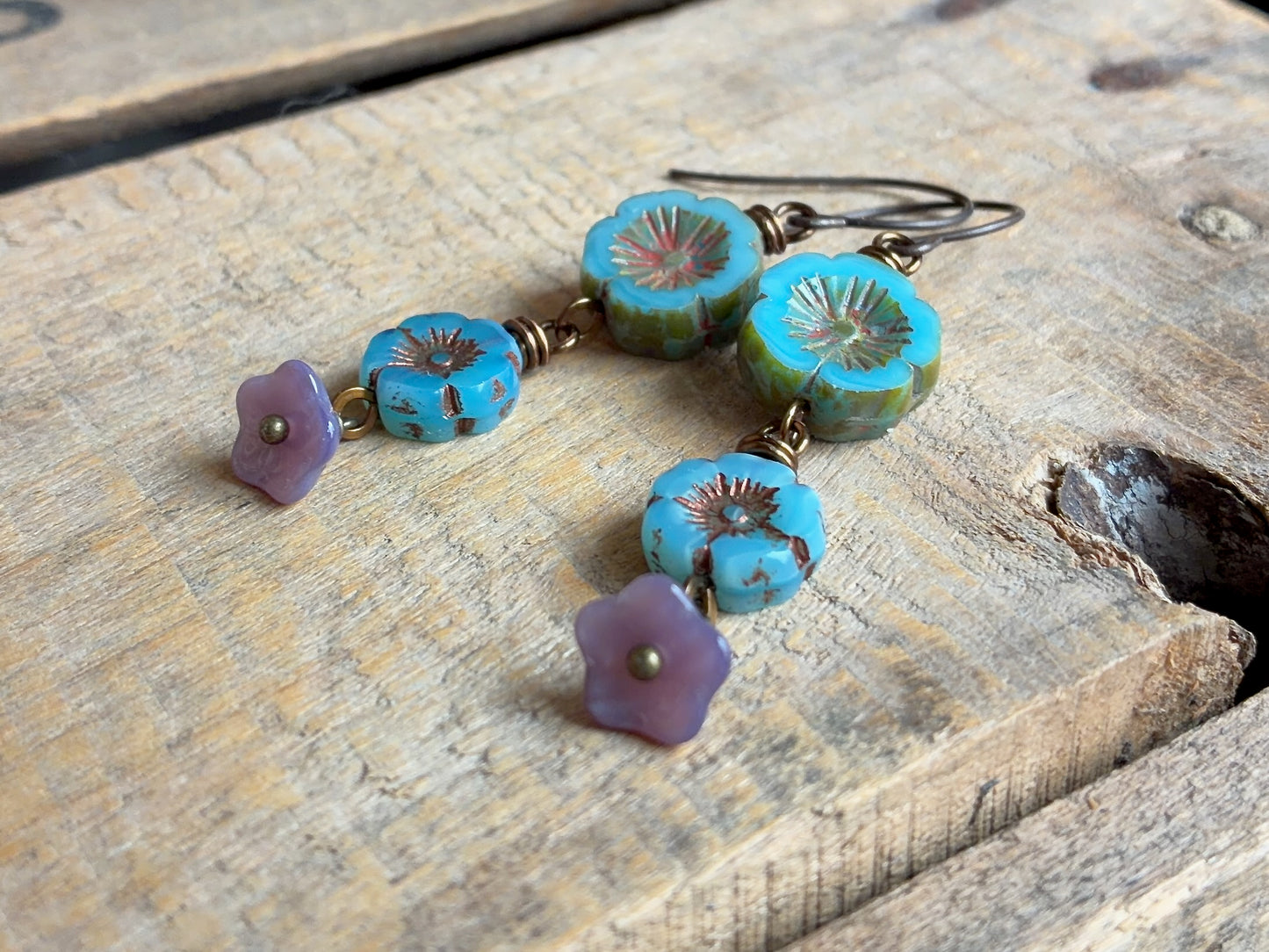 Turquoise, Blue and Lavender Czech Glass Cascading Flower Earrings | Nature Inspired Floral Jewellery