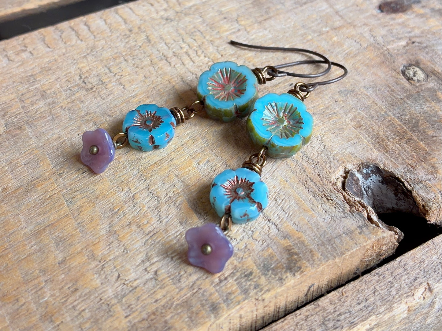 Turquoise, Blue and Lavender Czech Glass Cascading Flower Earrings | Nature Inspired Floral Jewellery