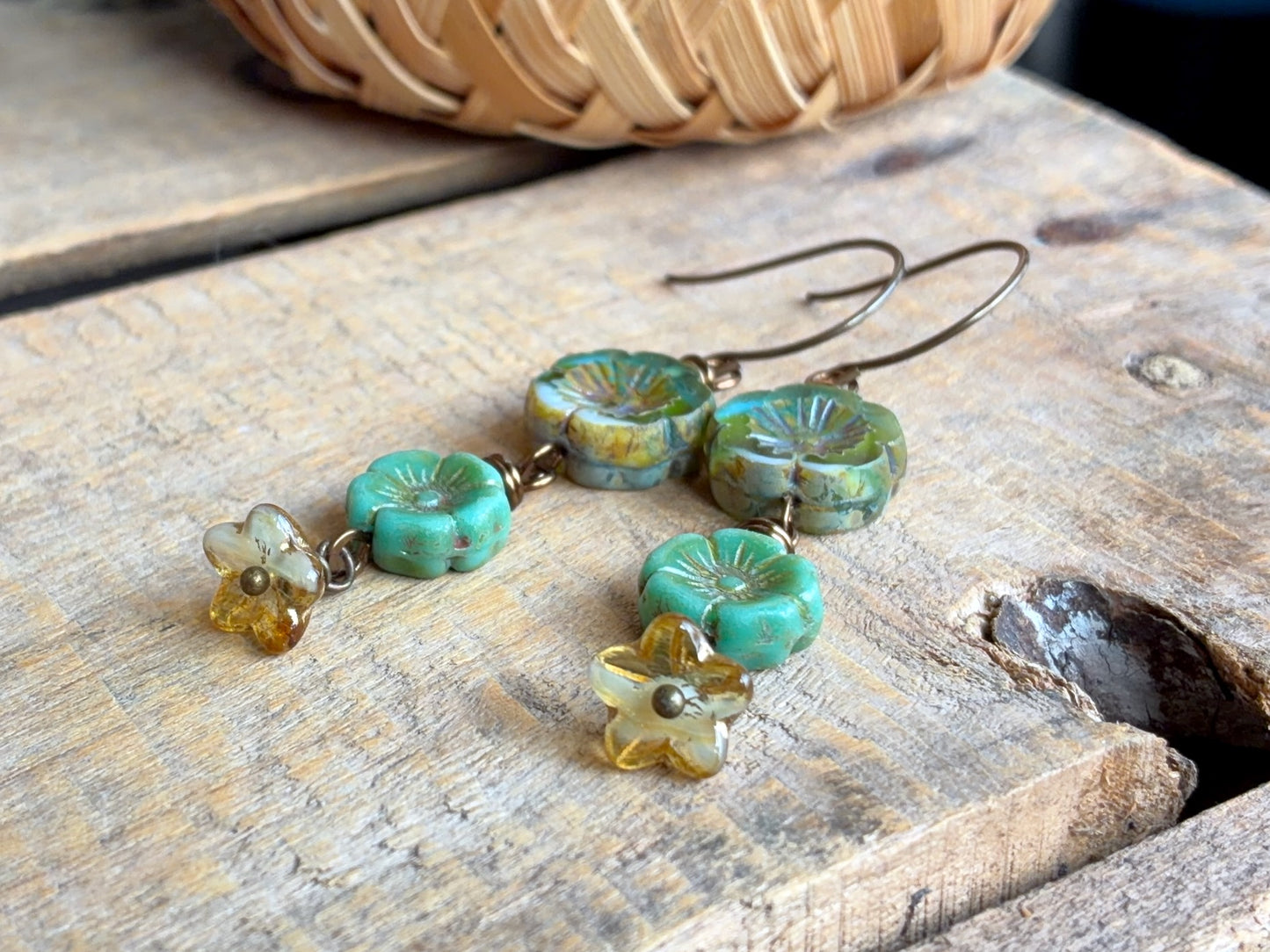 Spring Inspired Green & Yellow Czech Glass Cascading Flower Earrings | Rustic Nature Jewellery