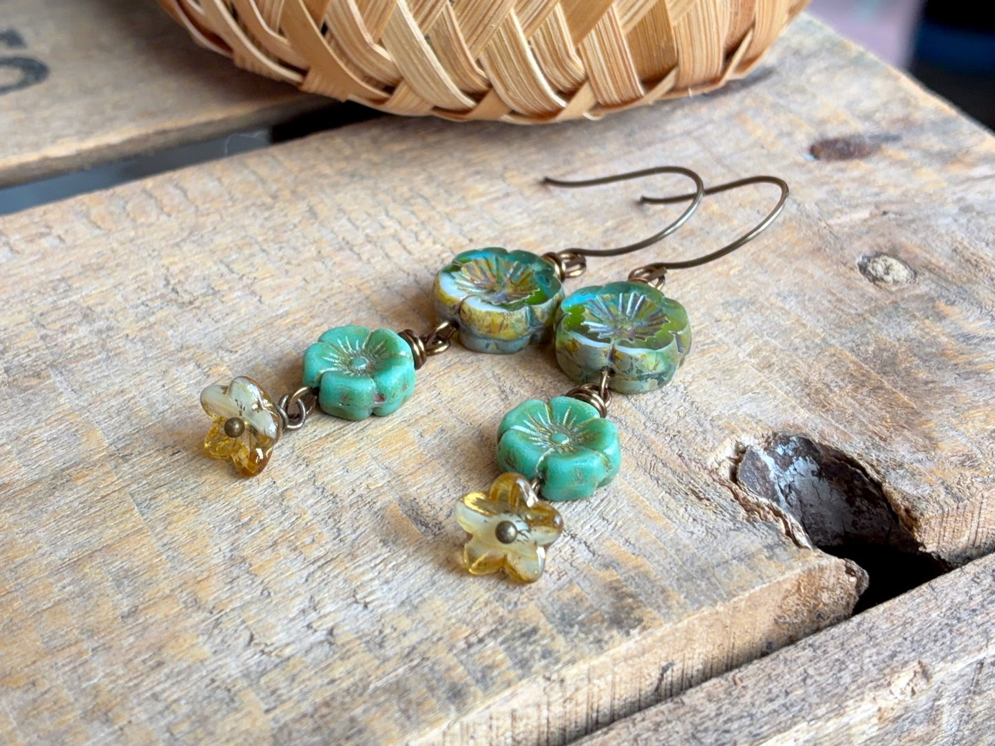Spring Inspired Green & Yellow Czech Glass Cascading Flower Earrings | Rustic Nature Jewellery