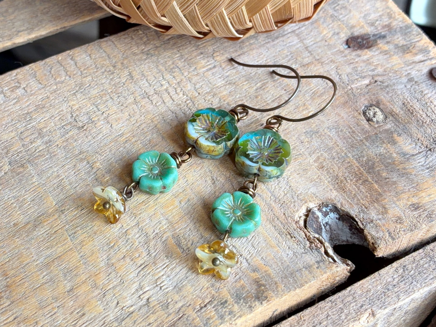 Spring Inspired Green & Yellow Czech Glass Cascading Flower Earrings | Rustic Nature Jewellery