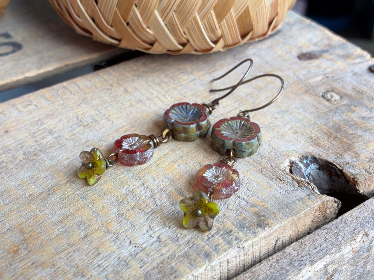 Cascading Czech Glass Flower Earrings in Burgundy, Pink & Green | Romantic Bohemian Style Earrings