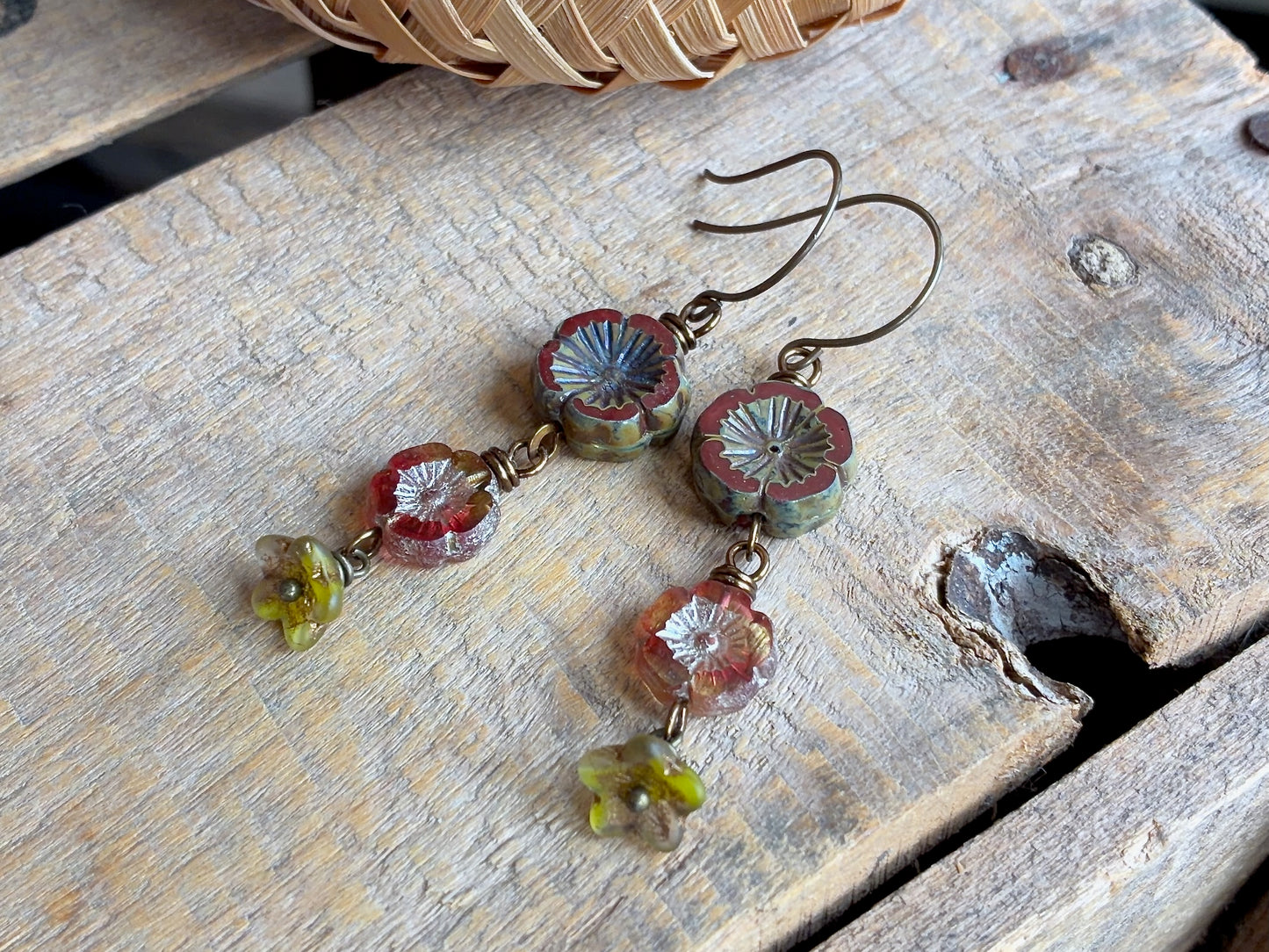Cascading Czech Glass Flower Earrings in Burgundy, Pink & Green | Romantic Bohemian Style Earrings