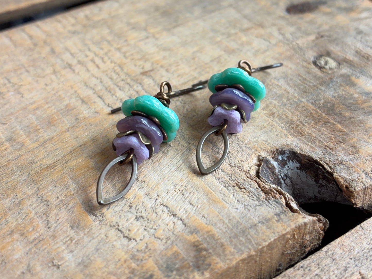 Czech Glass Flower Earrings | Handmade Turquoise and Lavender Floral Earrings with Antique Brass Earwires