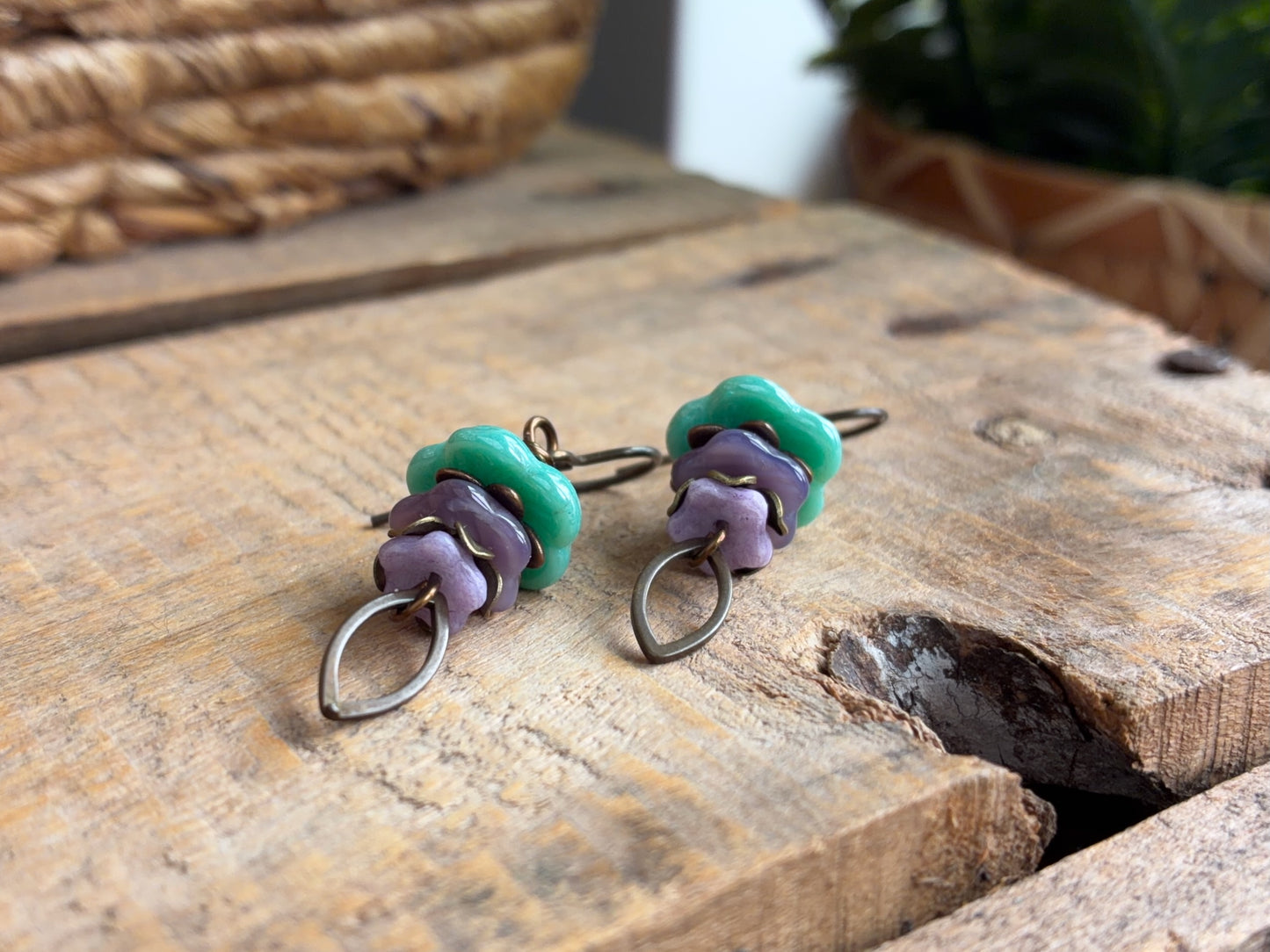 Czech Glass Flower Earrings | Handmade Turquoise and Lavender Floral Earrings with Antique Brass Earwires