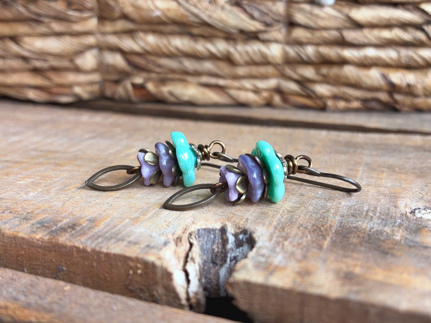 Czech Glass Flower Earrings | Handmade Turquoise and Lavender Floral Earrings with Antique Brass Earwires
