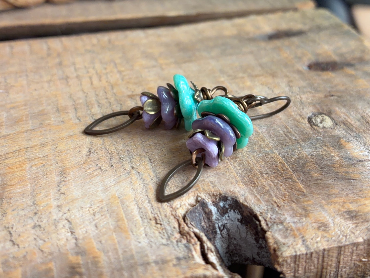 Czech Glass Flower Earrings | Handmade Turquoise and Lavender Floral Earrings with Antique Brass Earwires