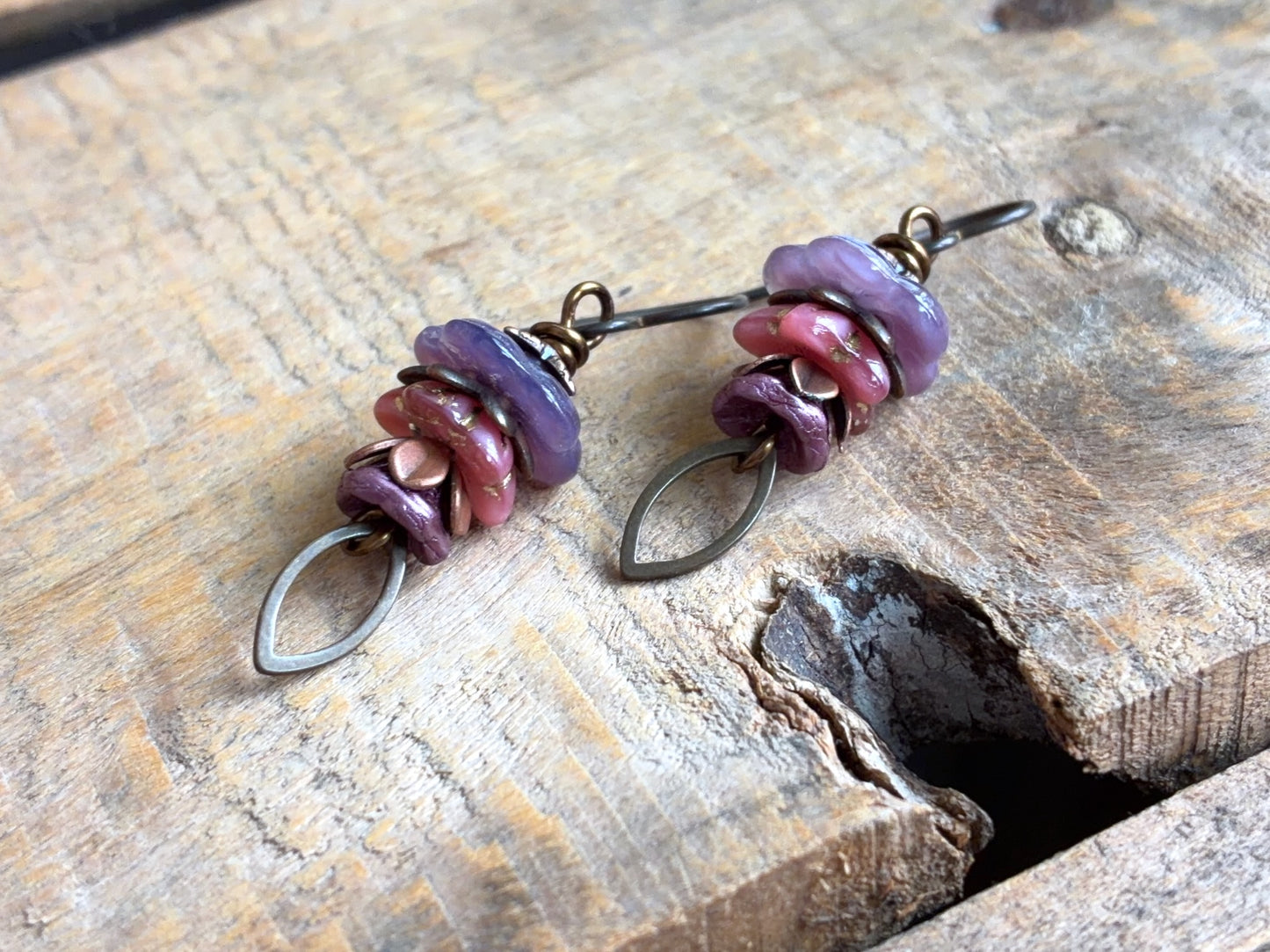 Lavender and Pink Czech Glass Flower Earrings | Handmade Botanical Earrings with Antiqued Brass Earwires
