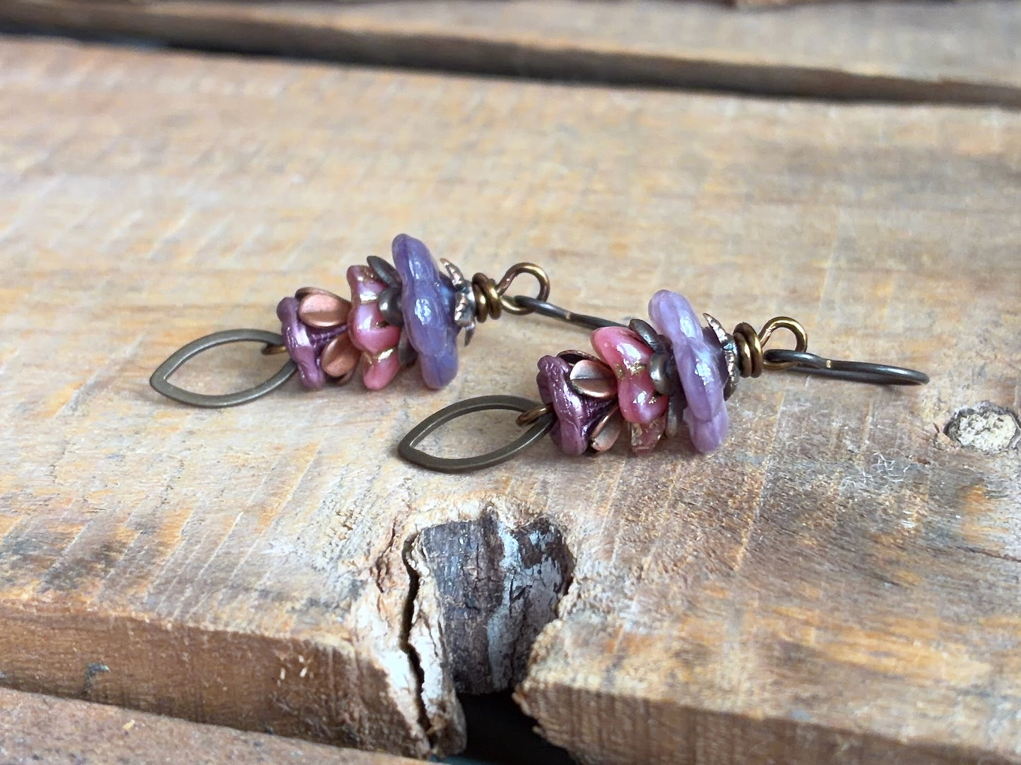 Lavender and Pink Czech Glass Flower Earrings | Handmade Botanical Earrings with Antiqued Brass Earwires