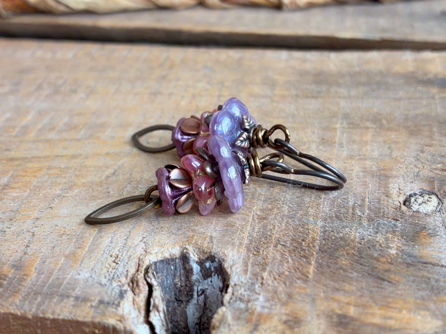 Lavender and Pink Czech Glass Flower Earrings | Handmade Botanical Earrings with Antiqued Brass Earwires