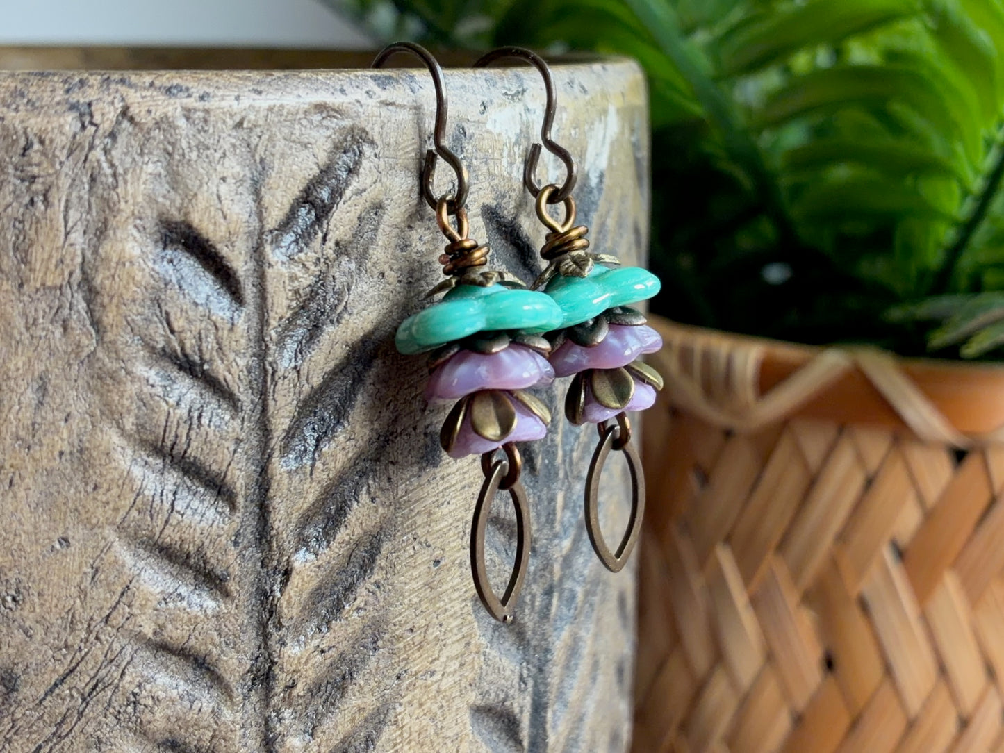 Czech Glass Flower Earrings | Handmade Turquoise and Lavender Floral Earrings with Antique Brass Earwires