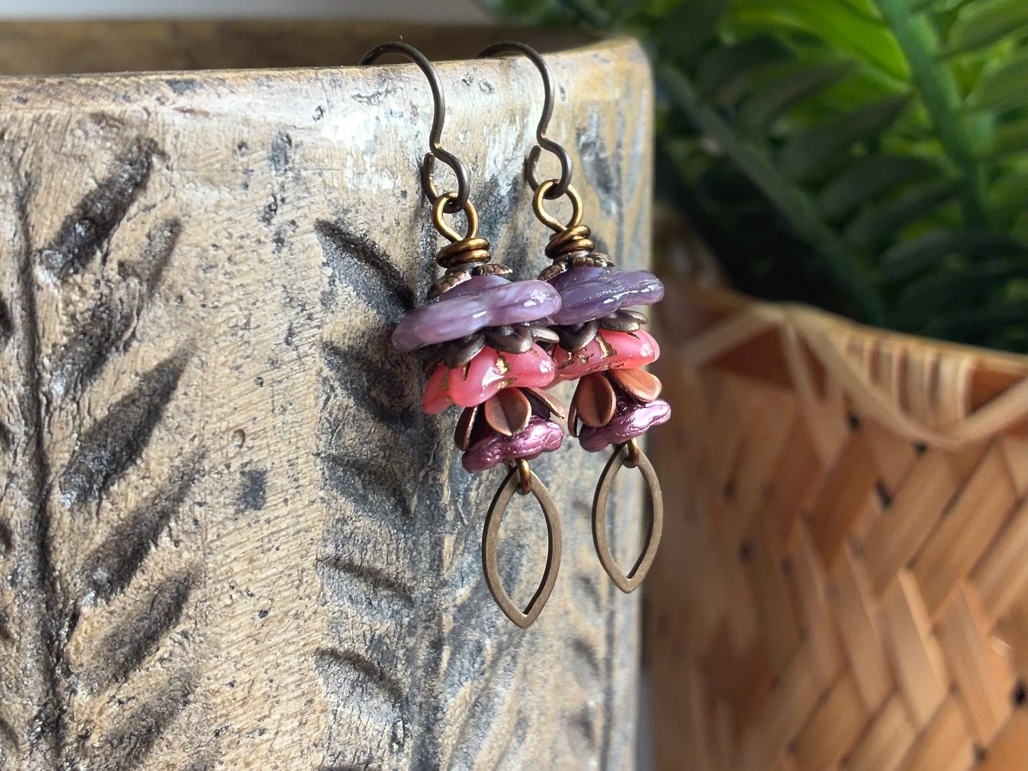 Lavender and Pink Czech Glass Flower Earrings | Handmade Botanical Earrings with Antiqued Brass Earwires