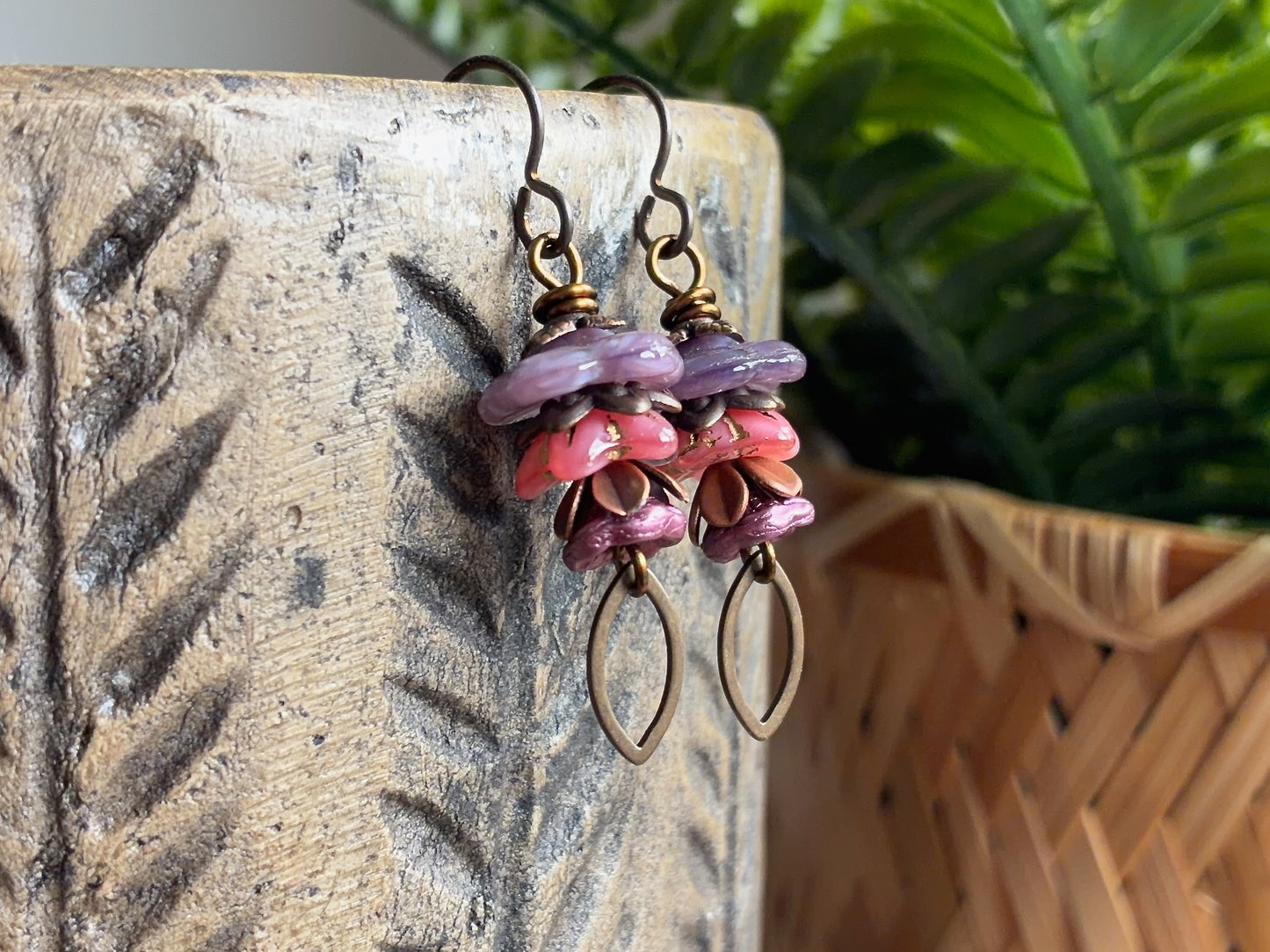 Lavender and Pink Czech Glass Flower Earrings | Handmade Botanical Earrings with Antiqued Brass Earwires