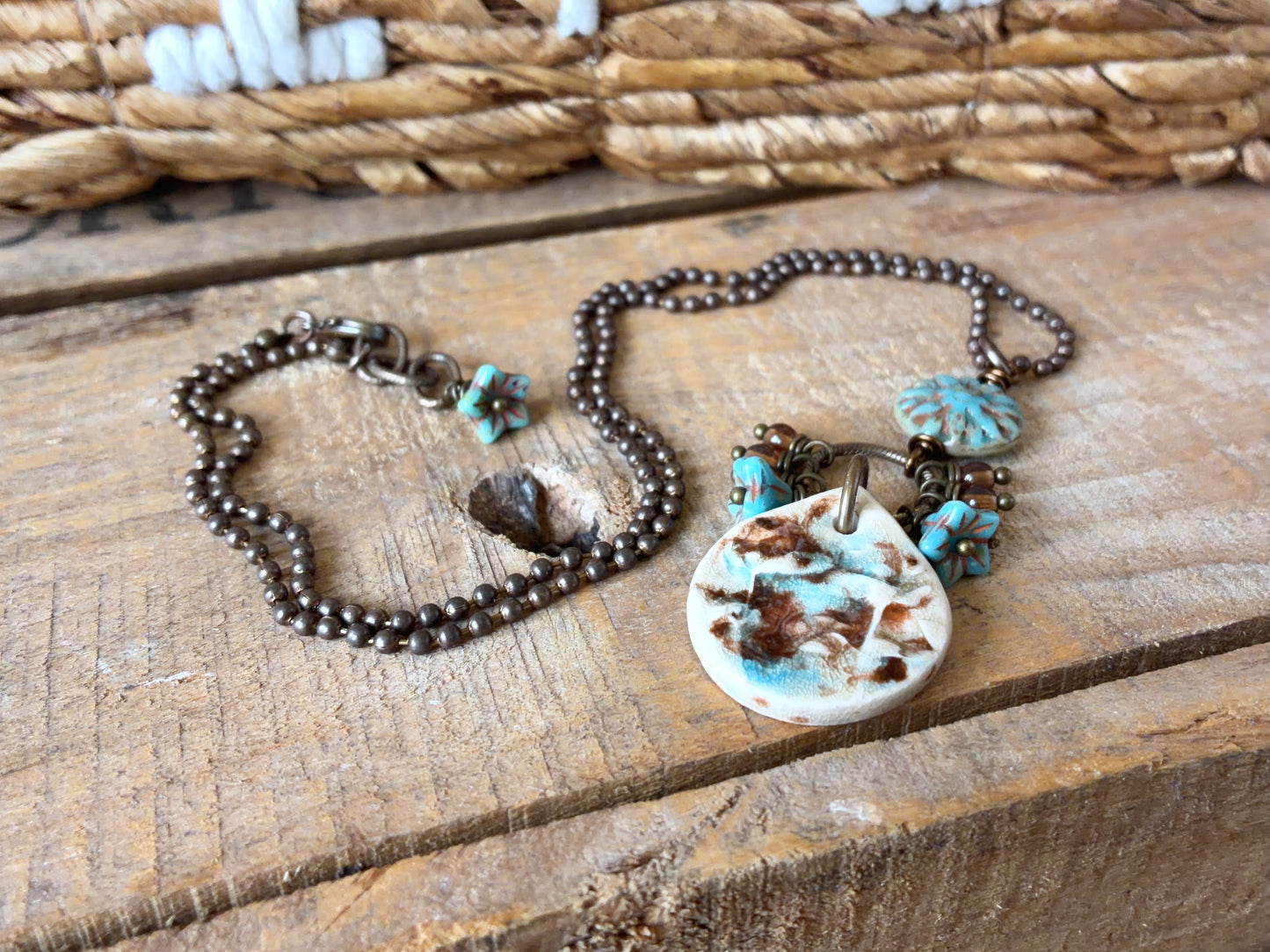 Handmade Glazed Ceramic Pendant in Cream, Turquoise & Brown | Czech Glass Flower Necklace with Brass Chain