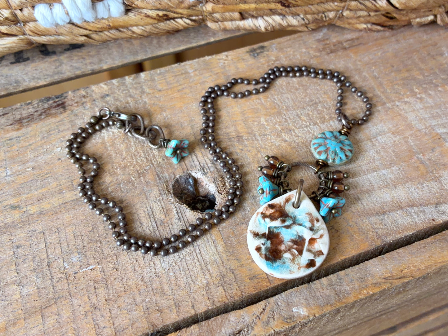 Handmade Glazed Ceramic Pendant in Cream, Turquoise & Brown | Czech Glass Flower Necklace with Brass Chain