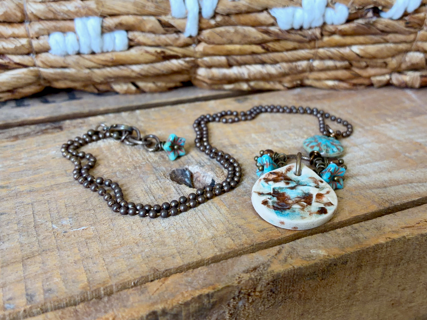 Handmade Glazed Ceramic Pendant in Cream, Turquoise & Brown | Czech Glass Flower Necklace with Brass Chain