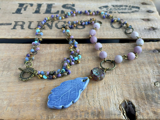 One of a Kind Artisan Ceramic Leaf Pendant Necklace with Multi Coloured Beaded Chain. Bohemian Style Necklace. Colourful Summer Jewellery