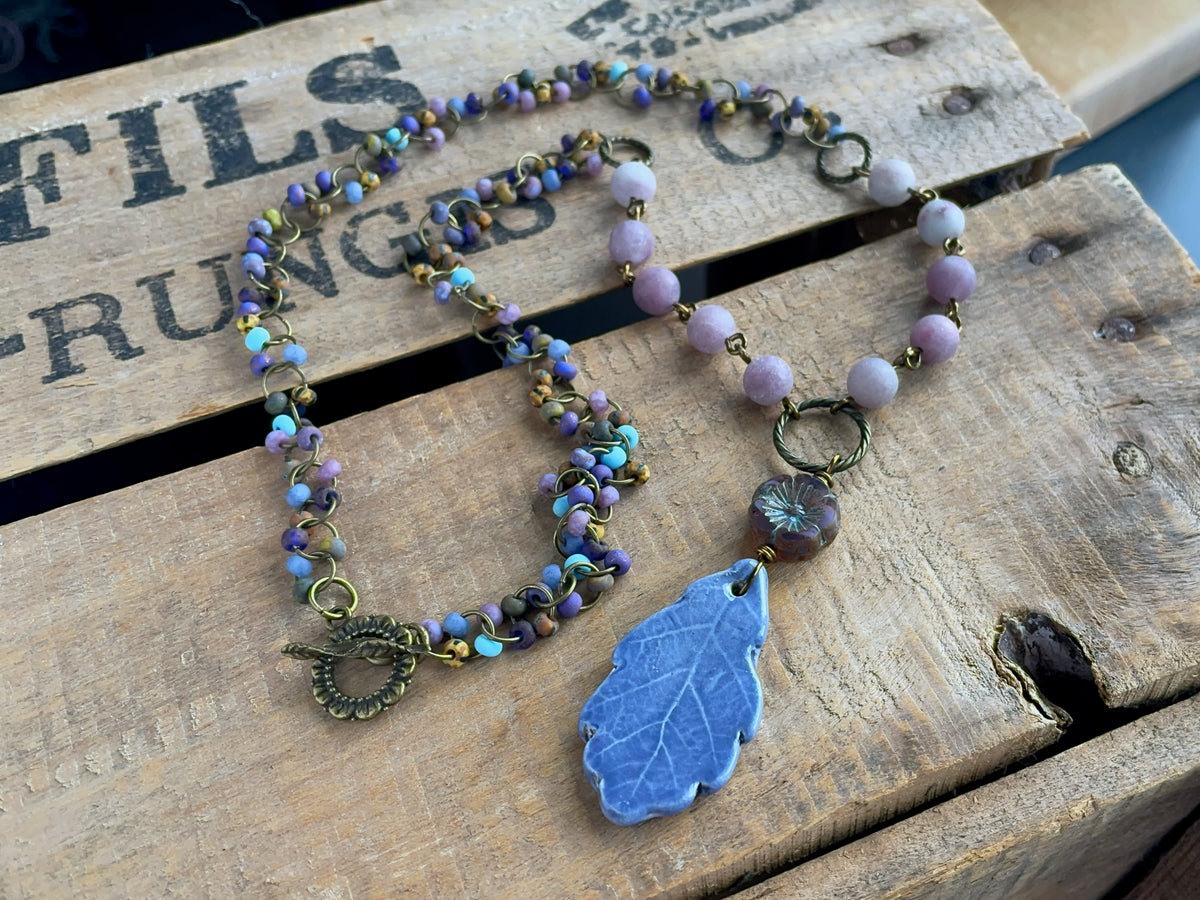 One of a Kind Artisan Ceramic Leaf Pendant Necklace with Multi Coloured Beaded Chain. Bohemian Style Necklace. Colourful Summer Jewellery