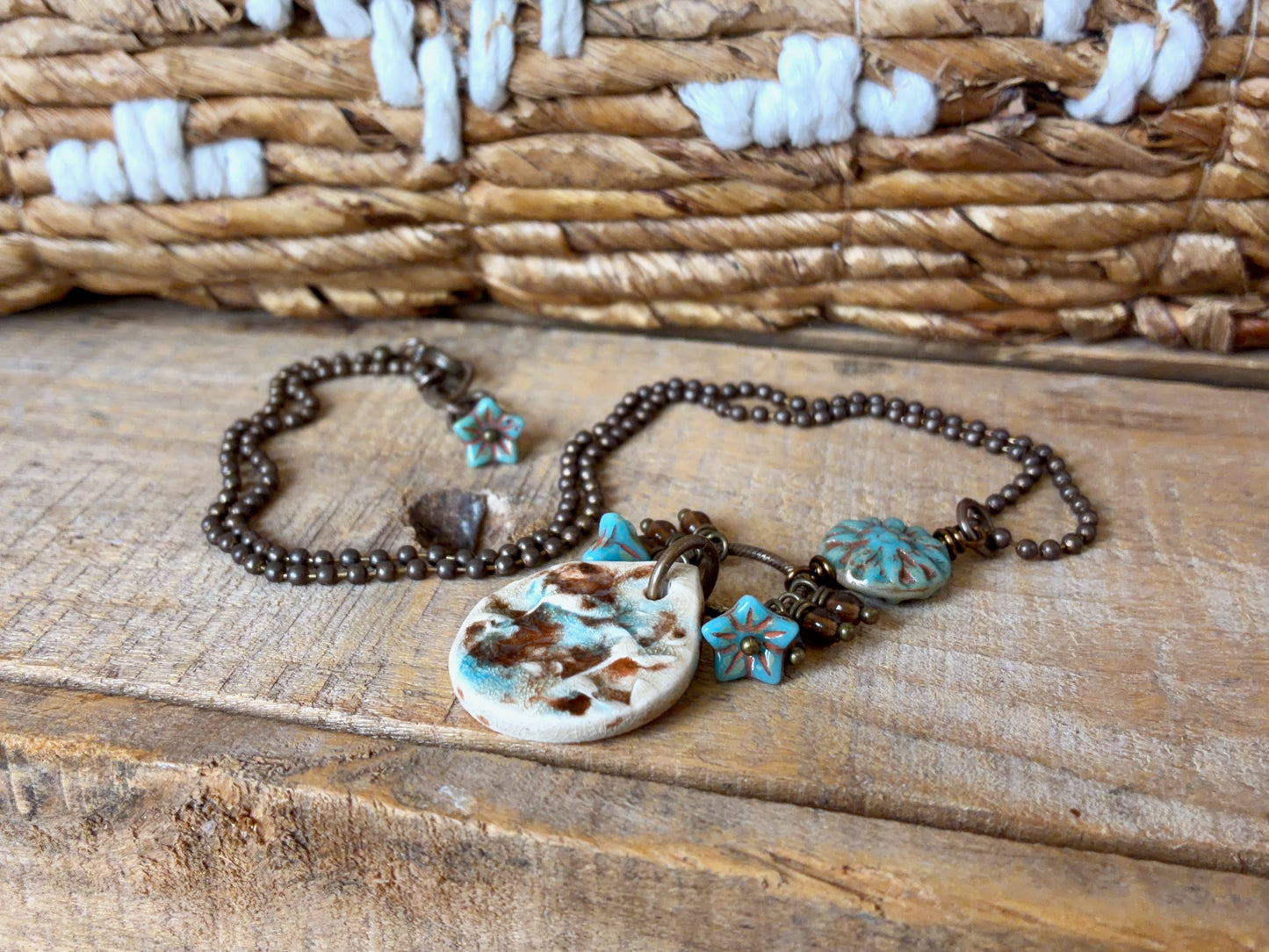 Handmade Glazed Ceramic Pendant in Cream, Turquoise & Brown | Czech Glass Flower Necklace with Brass Chain