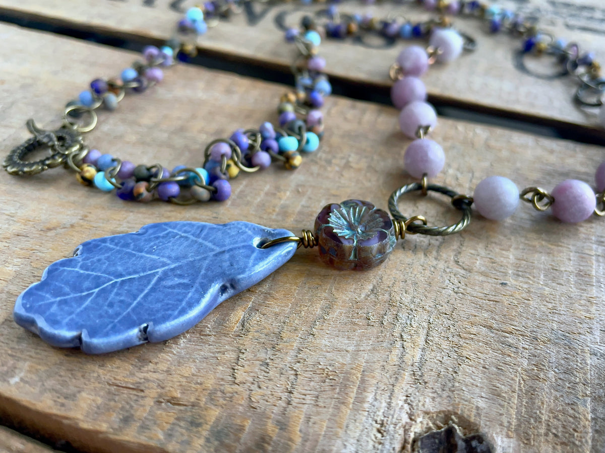 One of a Kind Artisan Ceramic Leaf Pendant Necklace with Multi Coloured Beaded Chain. Bohemian Style Necklace. Colourful Summer Jewellery