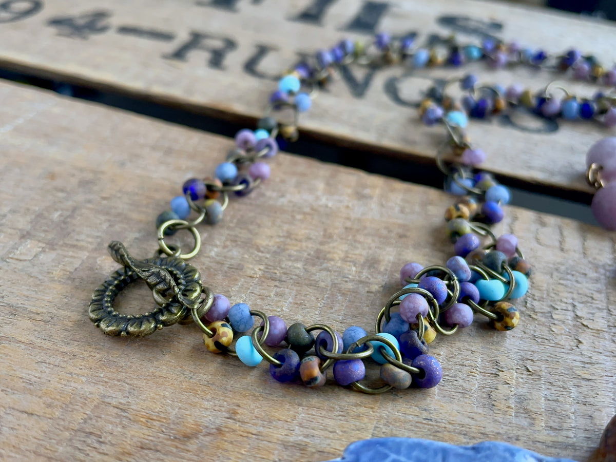 One of a Kind Artisan Ceramic Leaf Pendant Necklace with Multi Coloured Beaded Chain. Bohemian Style Necklace. Colourful Summer Jewellery