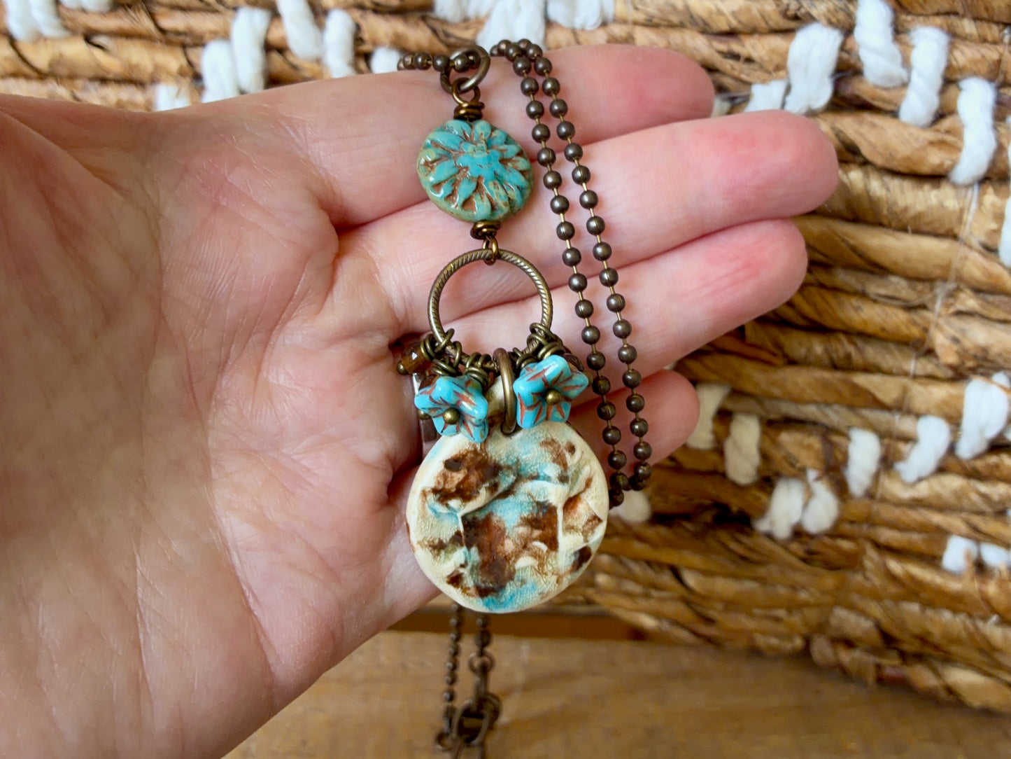 Handmade Glazed Ceramic Pendant in Cream, Turquoise & Brown | Czech Glass Flower Necklace with Brass Chain