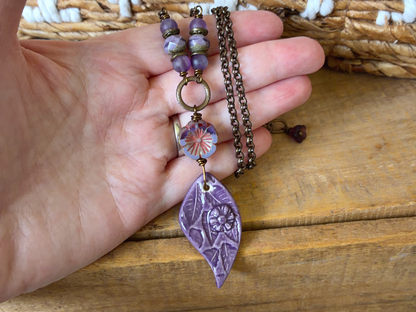 Purple Ceramic Pendant | Handmade Floral Necklace with Czech Glass & Brass Chain