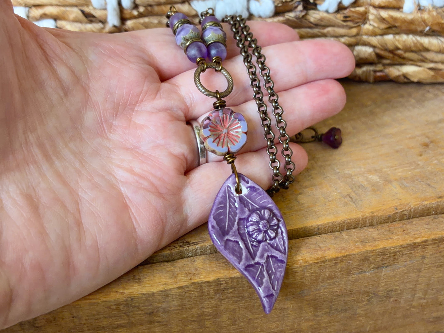 Purple Ceramic Pendant | Handmade Floral Necklace with Czech Glass & Brass Chain